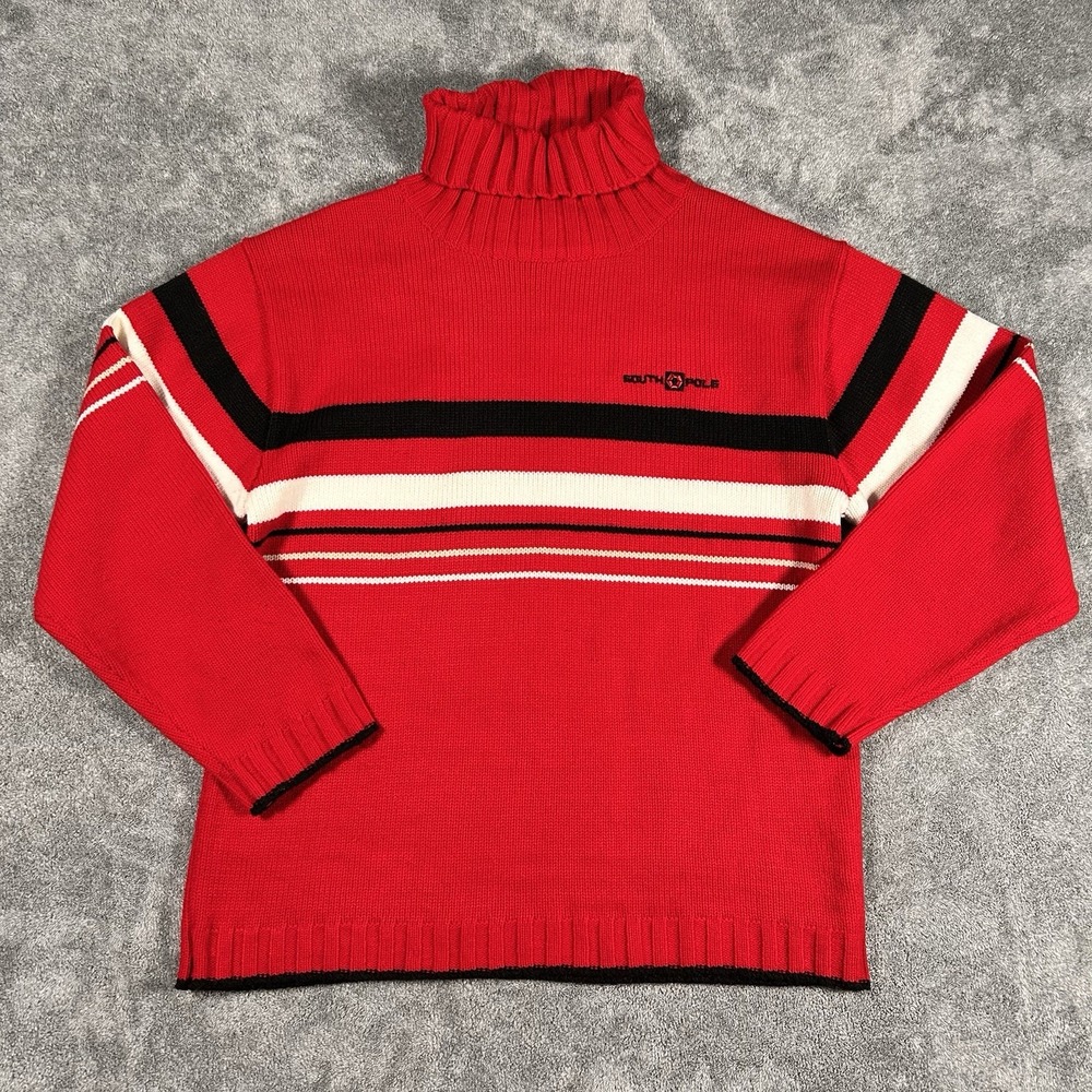 Vintage Southpole Sweater Men's Large Red Turtleneck Striped 90s Y2K